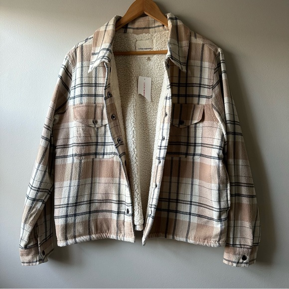 Lucky Brand Beige Plaid Fleece Lined Shacket  Snap Buttons Jacket Size L Nuetral - Picture 6 of 15